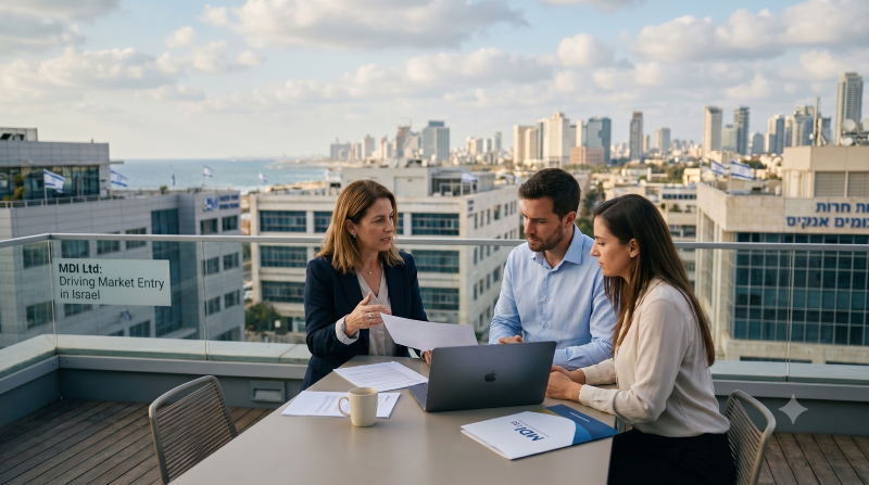 MDI Ltd team conducting a strategic market entry and business development meeting on a Tel Aviv rooftop overlooking the city skyline.